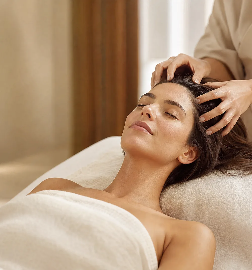 A woman rests with her eyes closed as a therapist performs a gentle scalp massage.